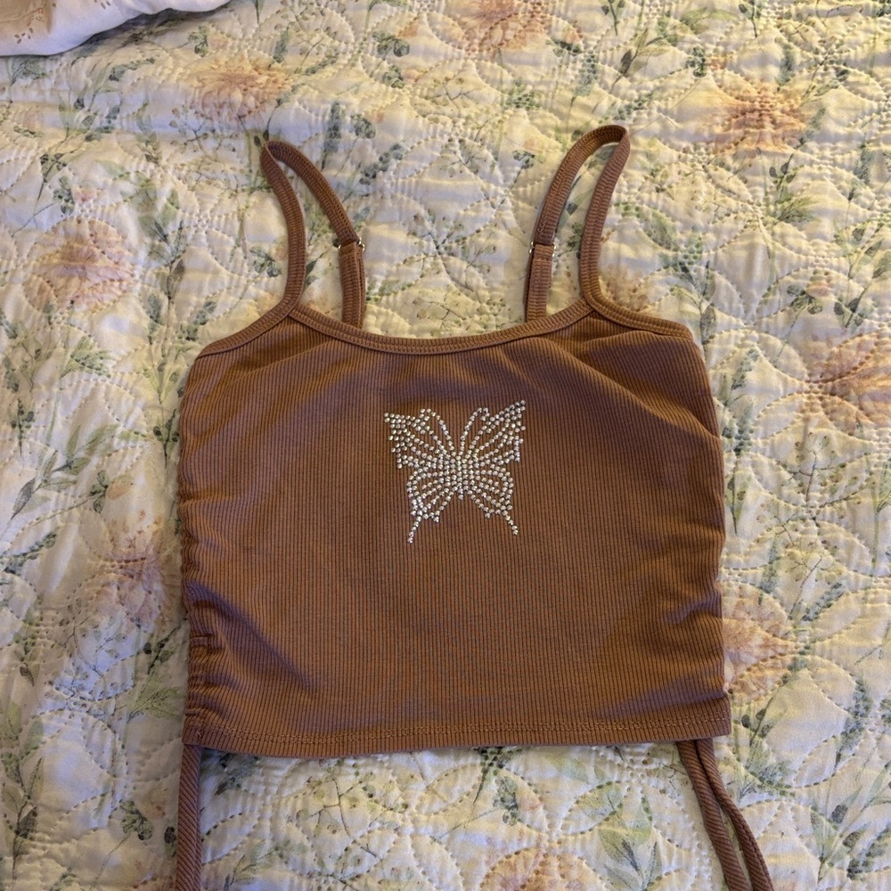 Full Tilt Brown Rhinestone Butterfly Crop Top